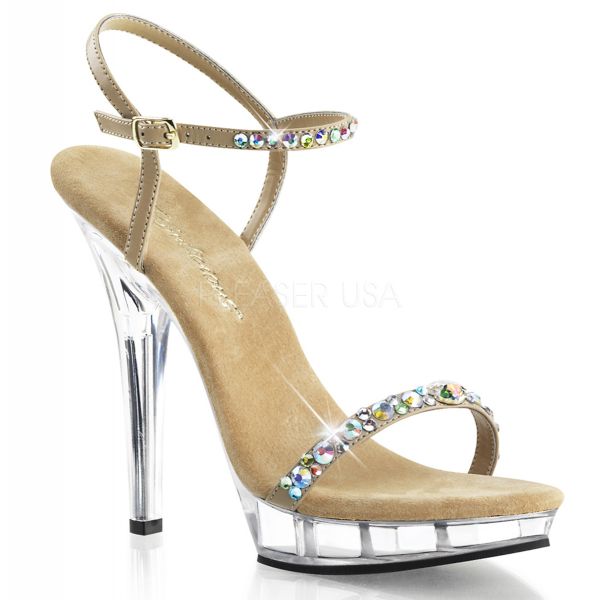 Riemchen Sandalette taupefarben mit kleinem Plateau und bunten Strass-Steinen LIP-131